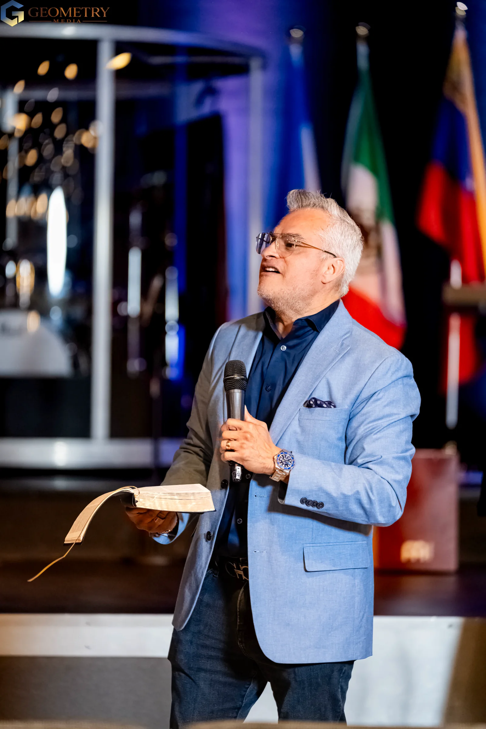 Speaker addressing the congregation during a Dallas church service