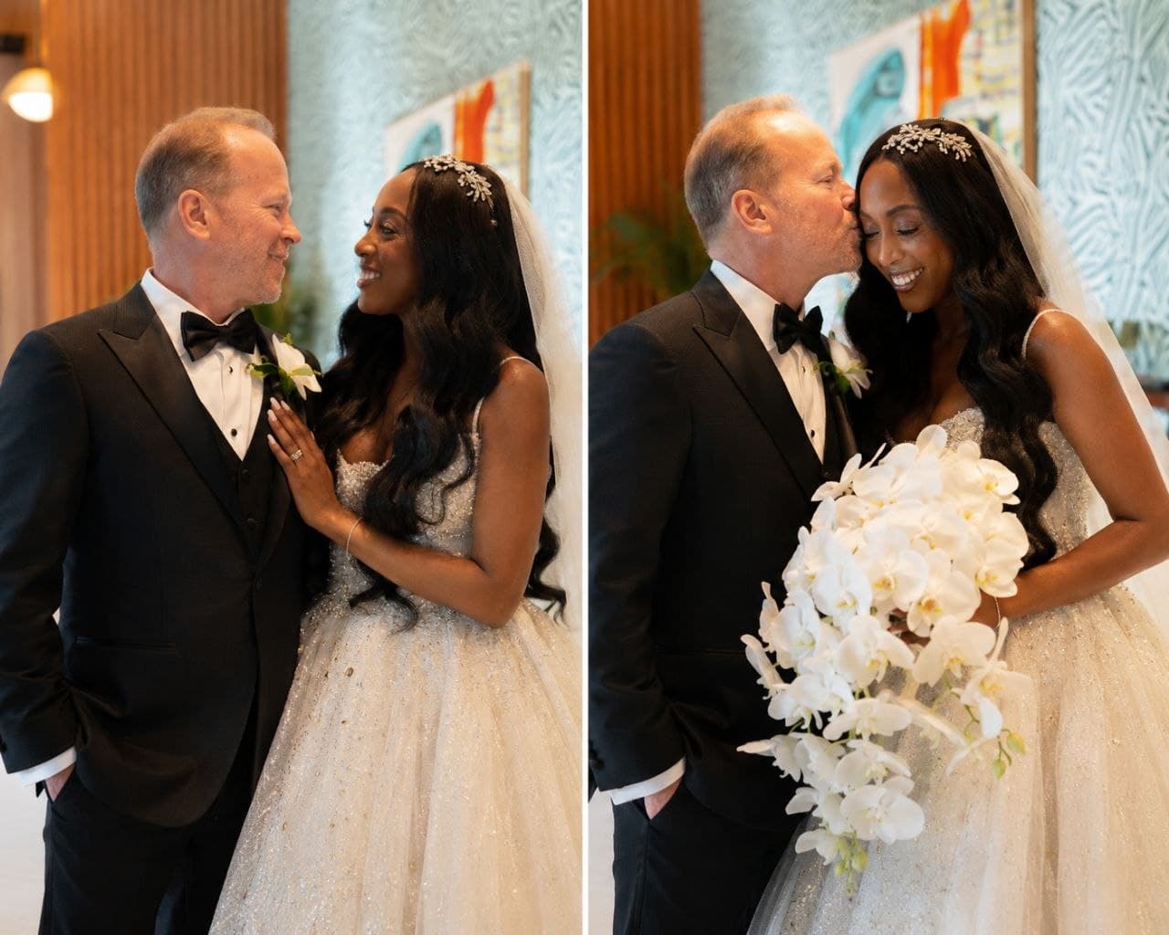 Bride and groom portraits with orchid bouquet, Dallas luxury wedding