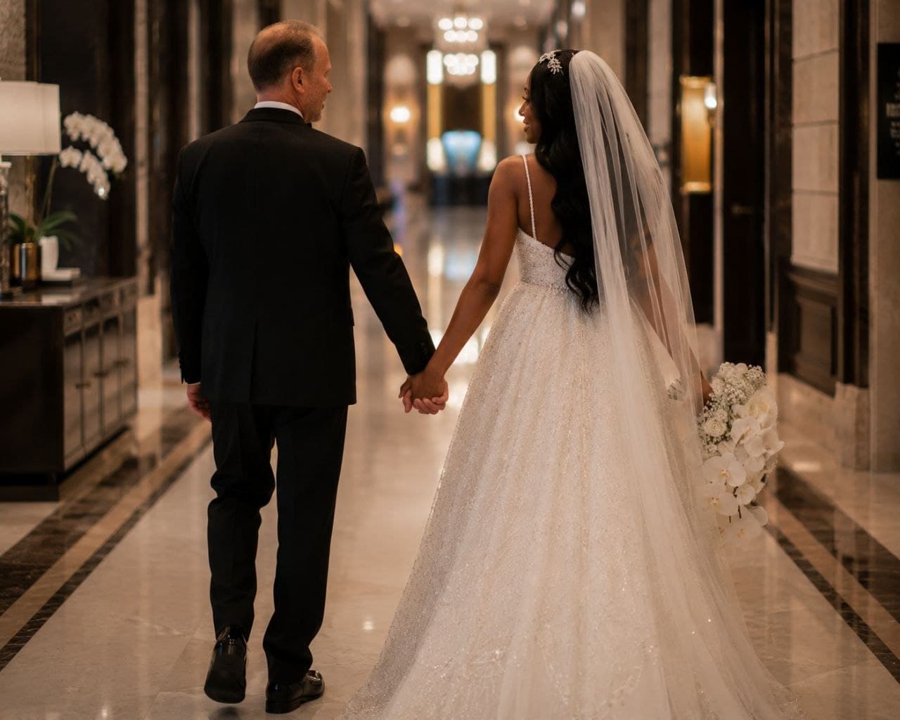 Bride and groom walking into their luxury Dallas hotel wedding