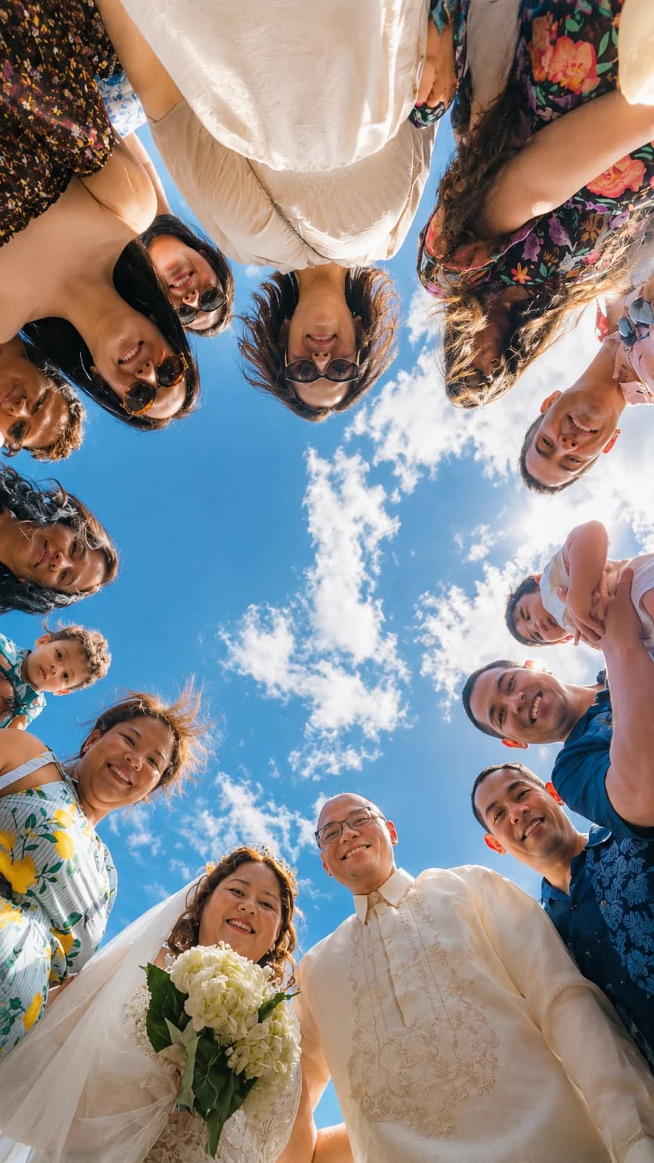 Creative low-angle wedding party circle shot